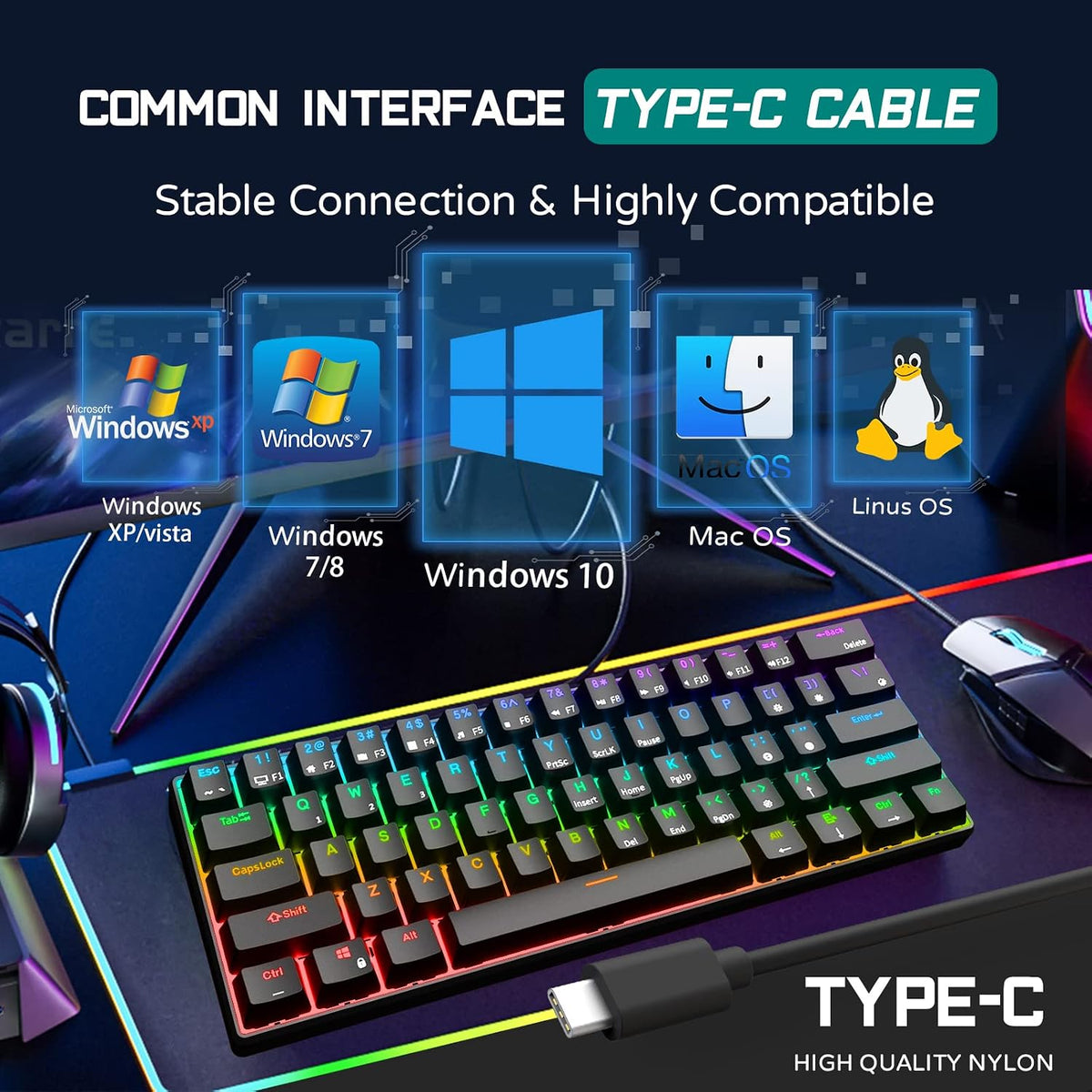 RK ROYAL KLUDGE RK61 Wired 60% Mechanical Gaming Keyboard Programmable QMK/VI...