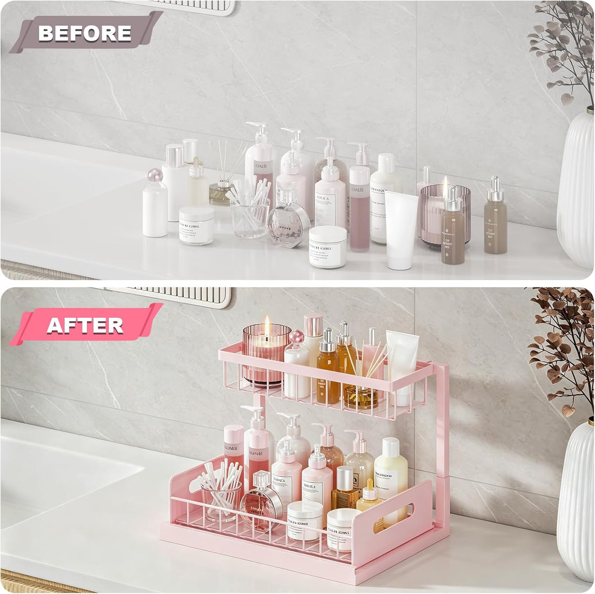 REALINN Pink Under Sink Organizer, 2 Tier Slide-Out Kitchen Cabinet Shelf
