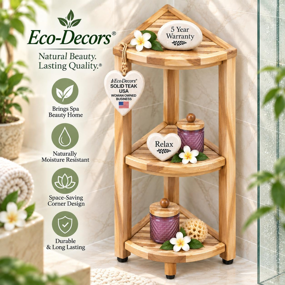 EcoDecors 32" Teak Corner Shelf, 3-Tier Shelf Stand, Bathroom Organizer