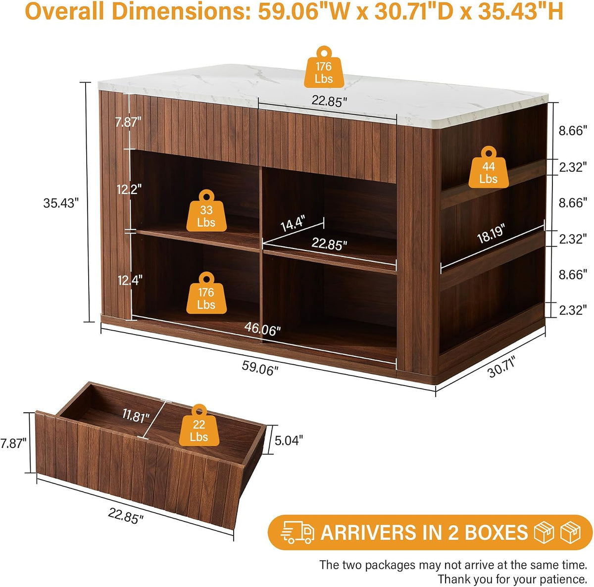59" Kitchen Island with Storage & Seating for 2, Modern Stationary K...