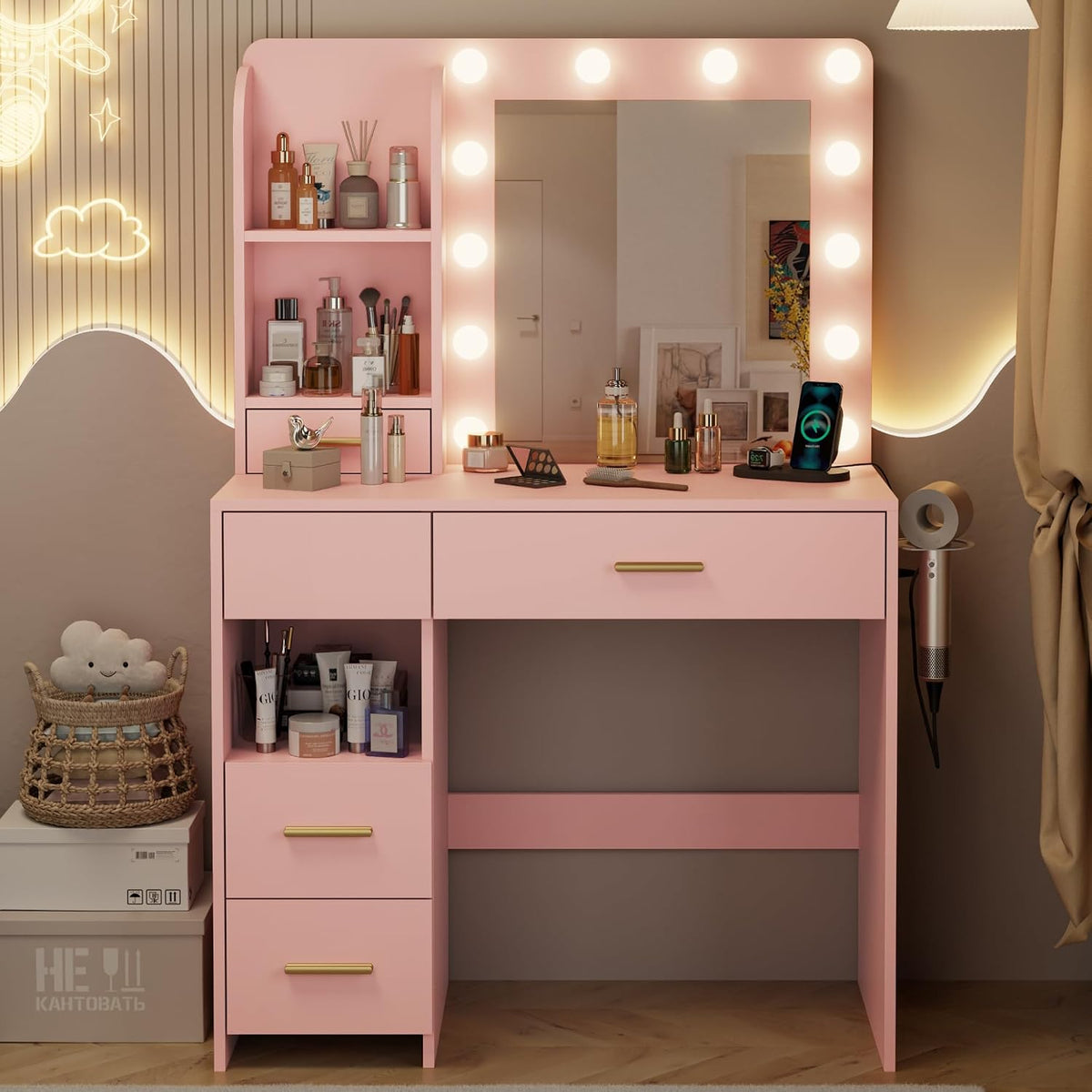 Otterease 35" Makeup Vanity Desk with LED Mirror, 5 Drawers, Pink