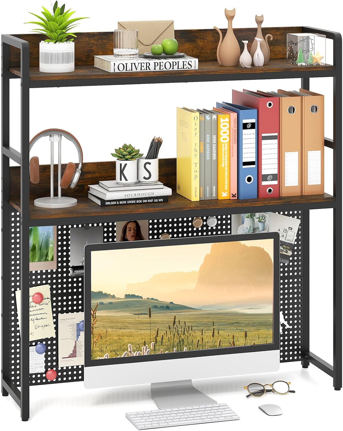 GIANTEX Desktop Bookshelf, 2-Tier Desk Hutch Dorm with Pegboard for up to 32&...