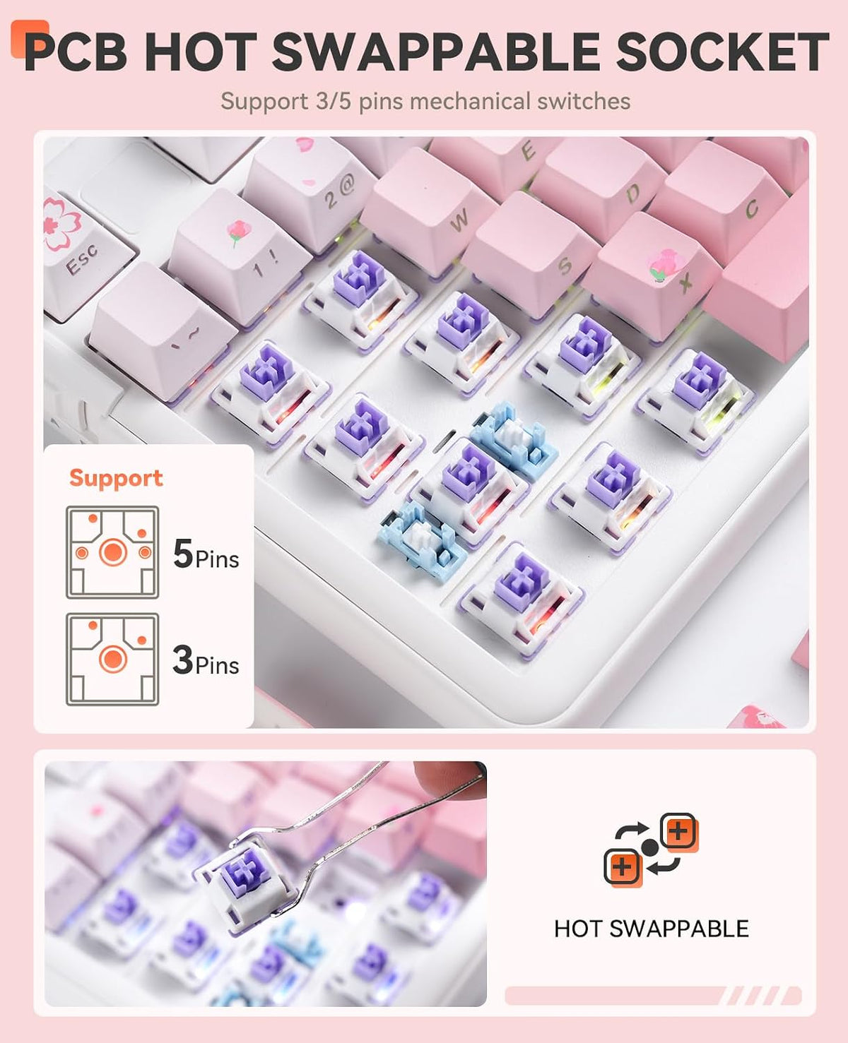 DAREU EK98pro Sakura Pink Wireless Mechanical Keyboard,Tri-Mode BT/2.4GHz/USB...