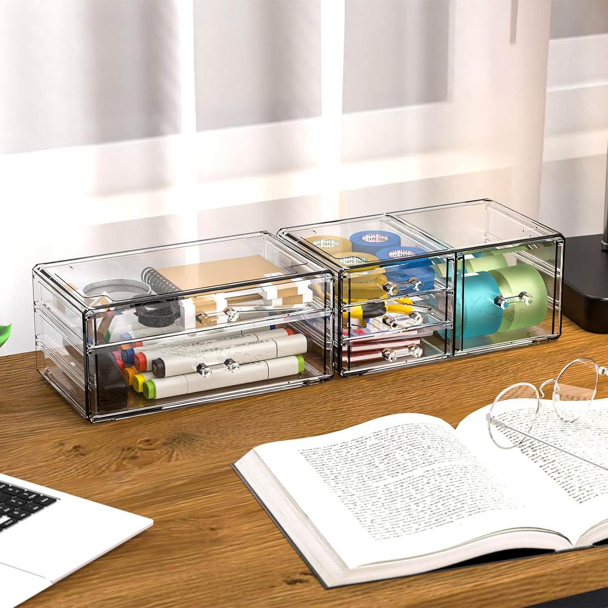 Cq acrylic 2 Pack Clear Desk Organizer With Drawers,Stackable 6 Drawers Skinc...