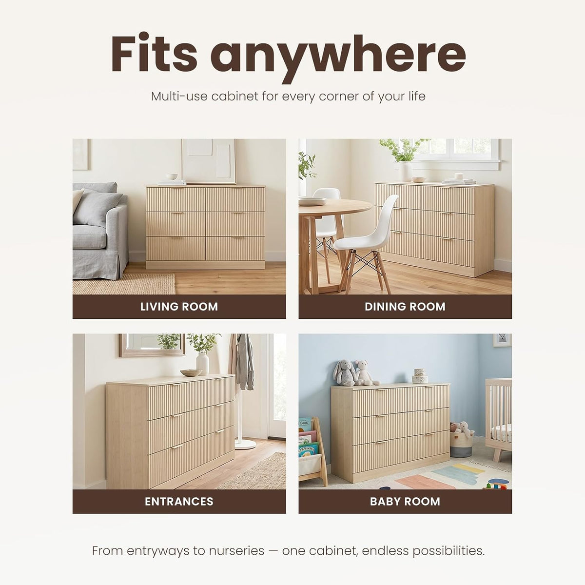 MALOL Modern Fluted 6 Drawer Dresser, Wide Wooden Storage Cabinet with Metal ...