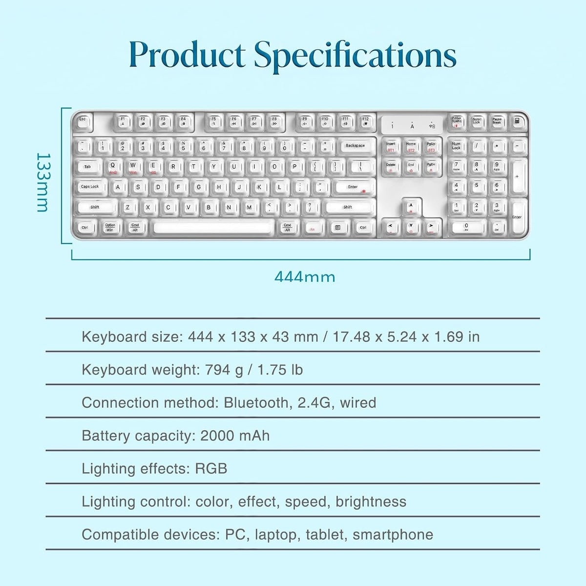 Lomiluskr RGB Arc Wireless Keyboard, BT/2.4G/Wired Tri-Mode, Full Size Crysta...