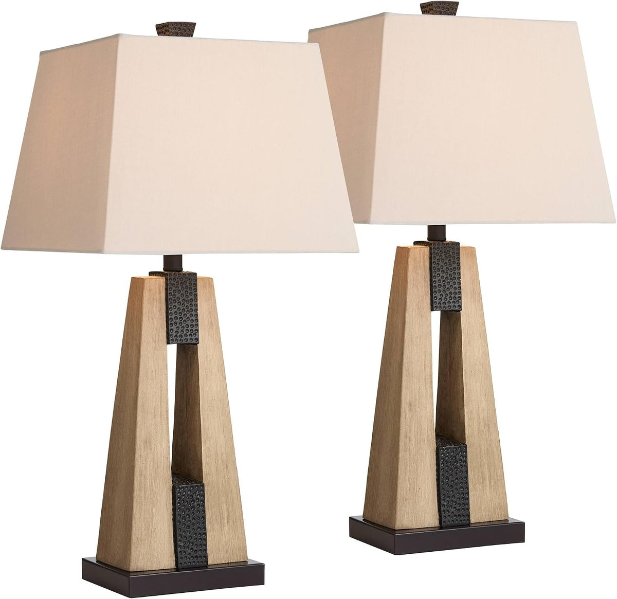 Mitchell 27" Tall Table Lamp USB Set of 2 Column Farmhouse Rustic Oatmeal