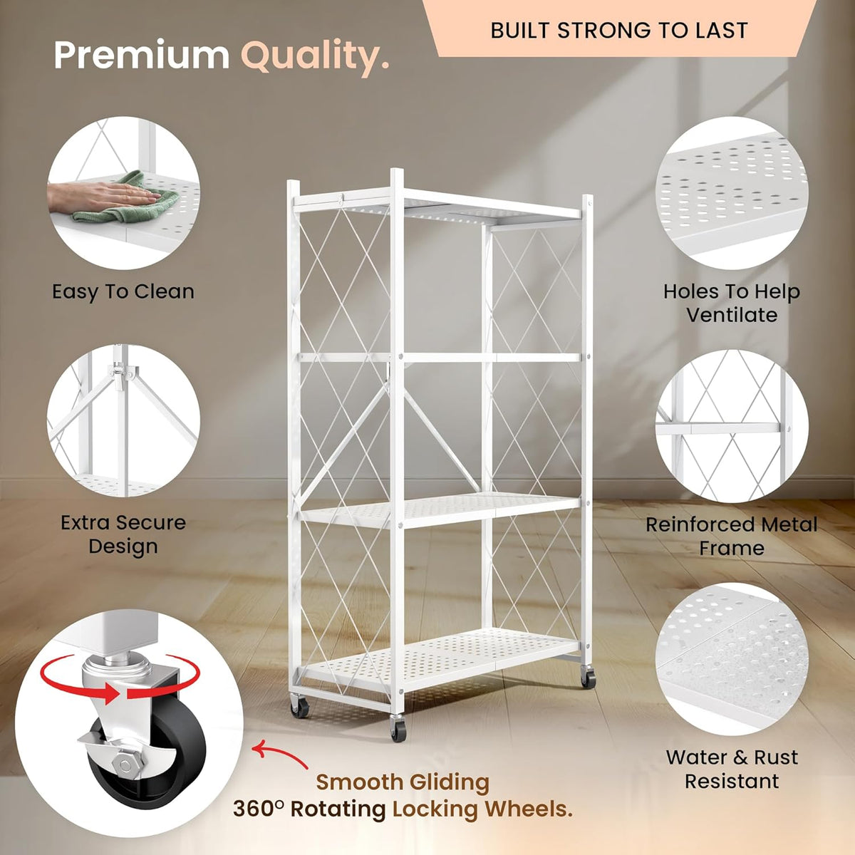 Our Modern Space 4-Tier Foldable Storage Shelf with Wheels | Metal Rack Colla...