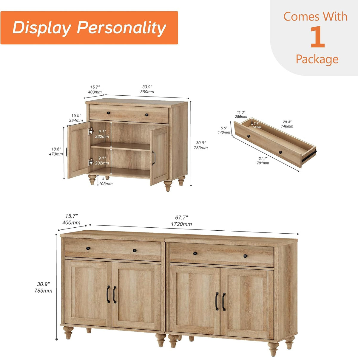 WAMAPT Buffet Cabinet with 4 Doors&2 Drawers, Large Wood Sideboard Table