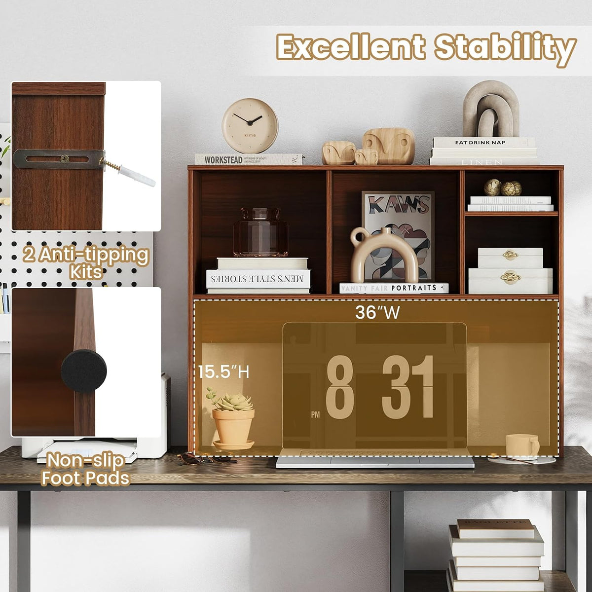 Desktop Bookshelf, 3-Tier Wood Countertop Bookcase w/ 5 Cubbies