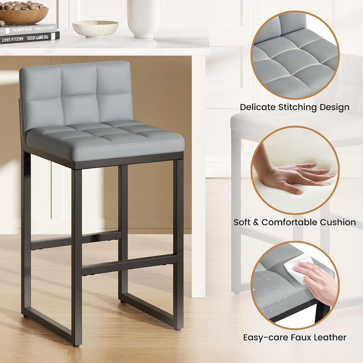 Bar Stools Set of 6, Modern Counter Height Bar Stools, Light Grey
