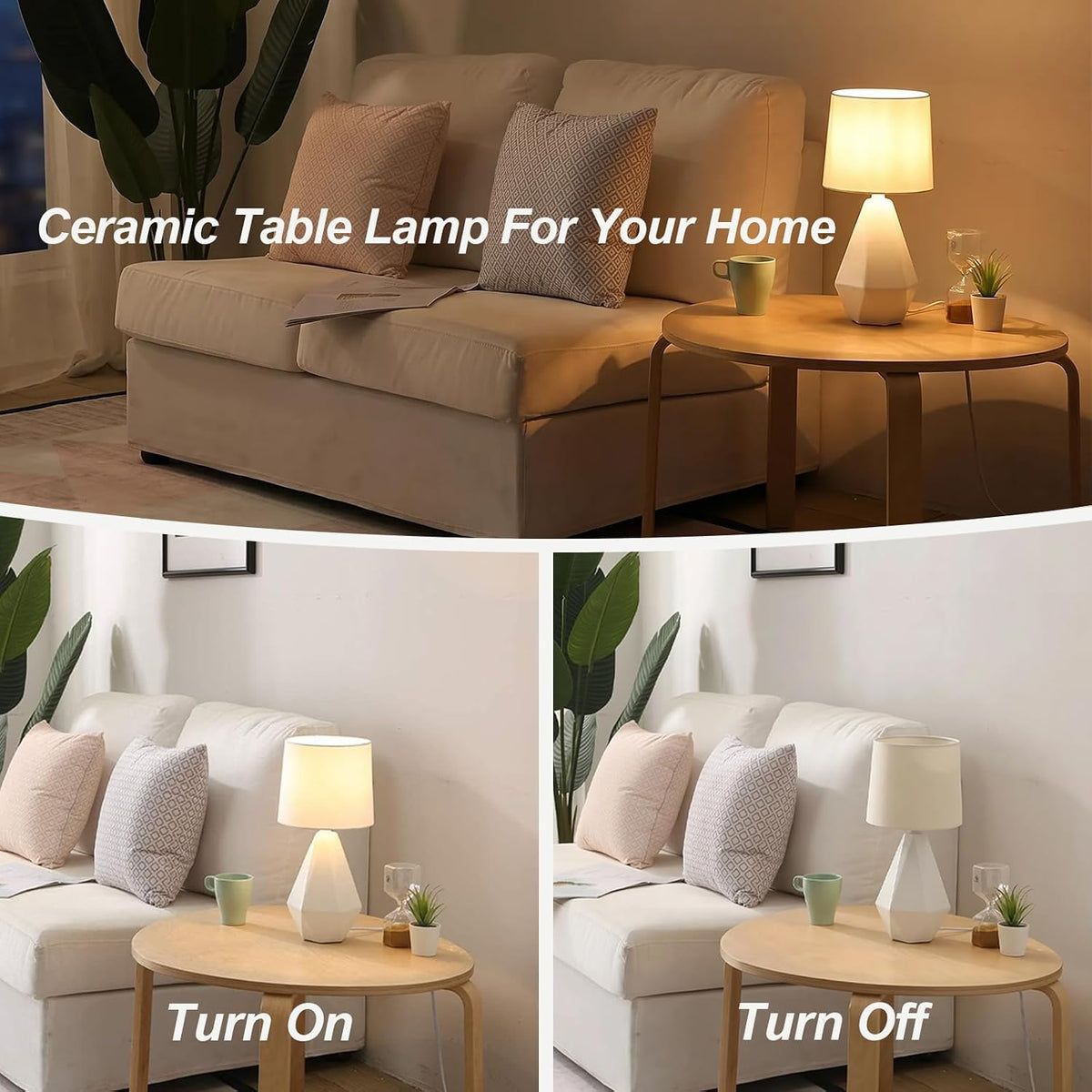 SOTTAE 15" Modern Small Ceramic Table Lamp, White Irregular Geometric Be...