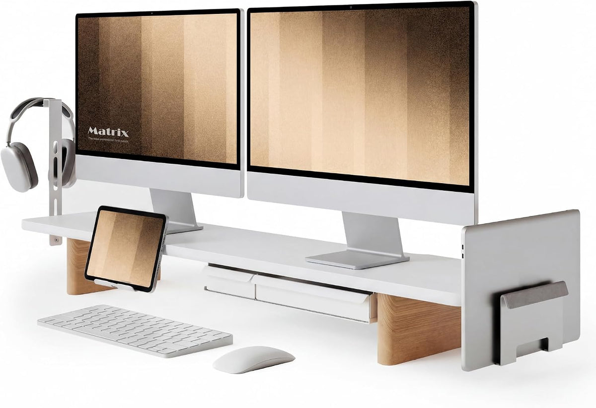 Fenge Modular Dual Monitor Stand Riser with Solid Ash Wood Leg, 42.5" White