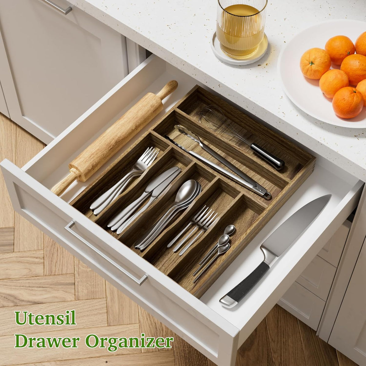 Kiasthome Acacia Wood Silverware Drawer Organizer, Kitchen Utensil Cutlery Dr...