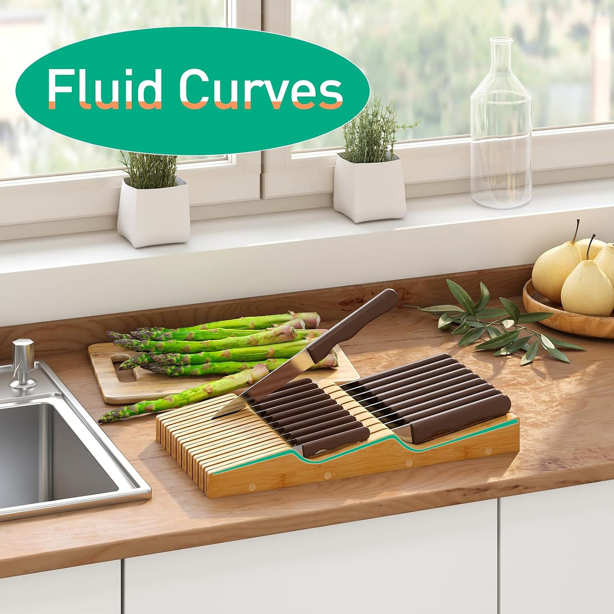 Bamboo Knife Drawer Organizer, In-Drawer Block Holds 19 Kitchen Knives