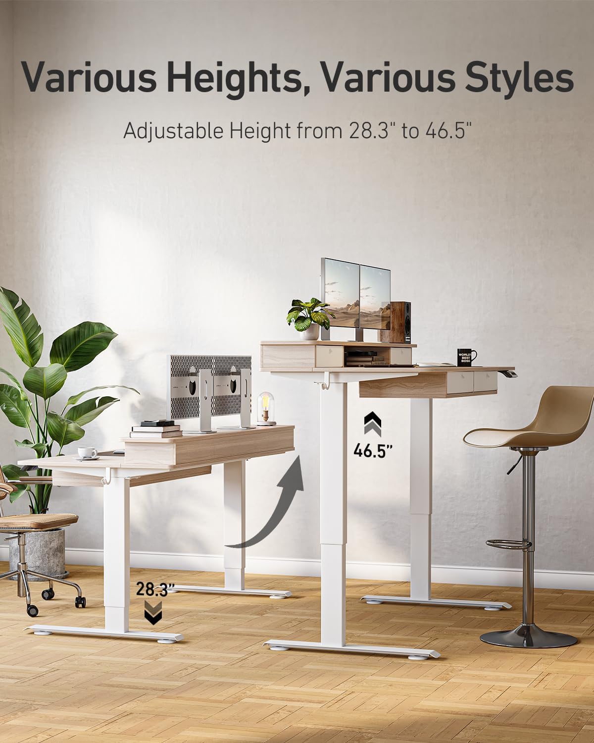 CubiCubi 55" x 30" Standing Electric Desk with Drawers, Light Rusti...
