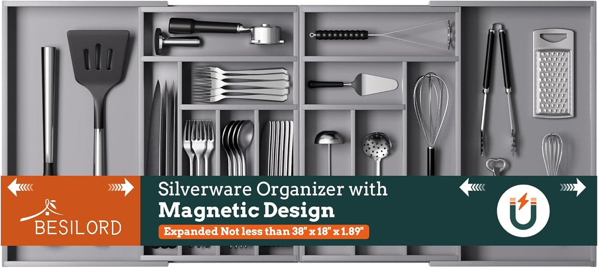 Magnetic Expandable Silverware Drawer Organizer, 13 Slots Utensil Gray