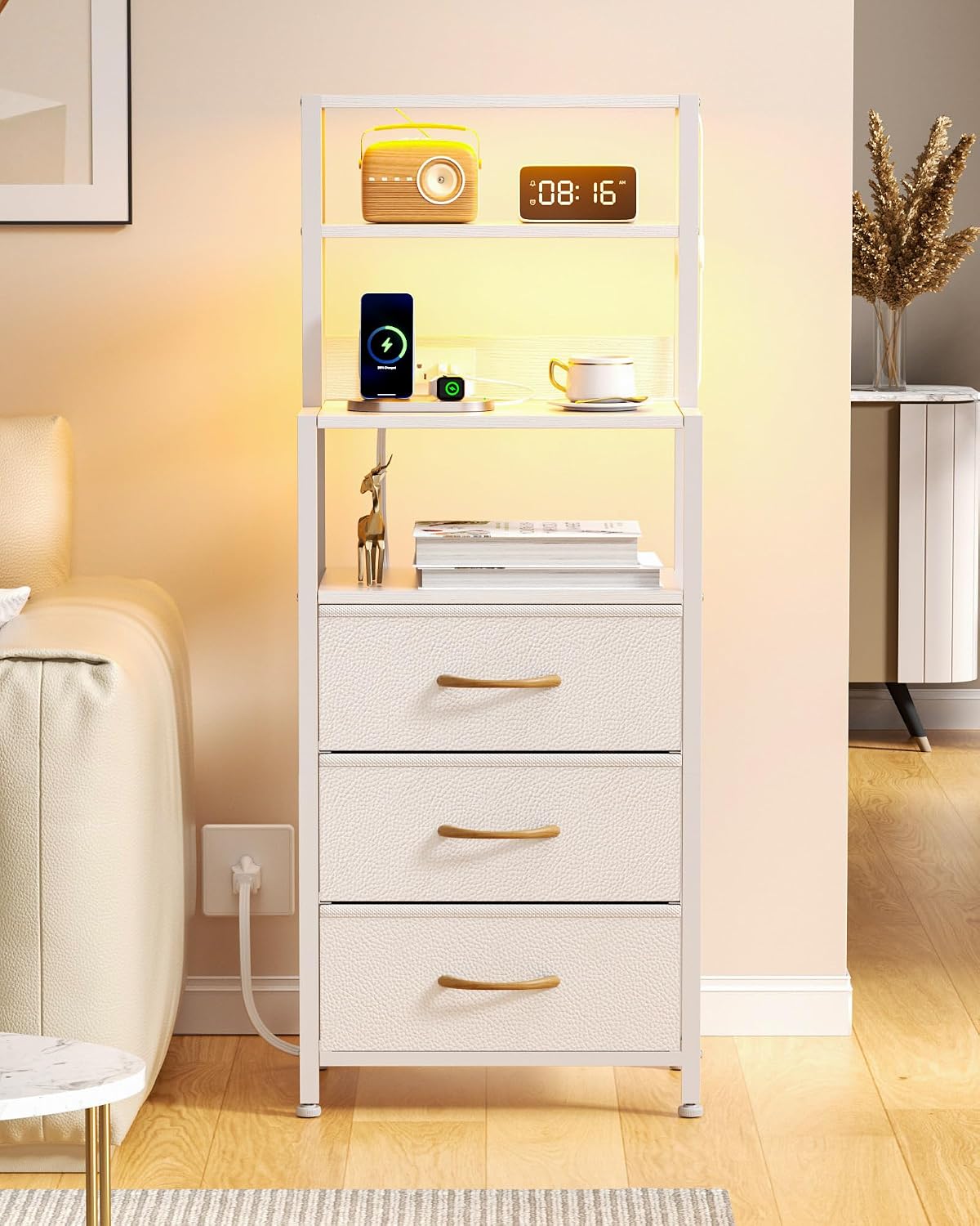 Furnulem Tall Night Stand, White Bedside Nightstand with Charger Station