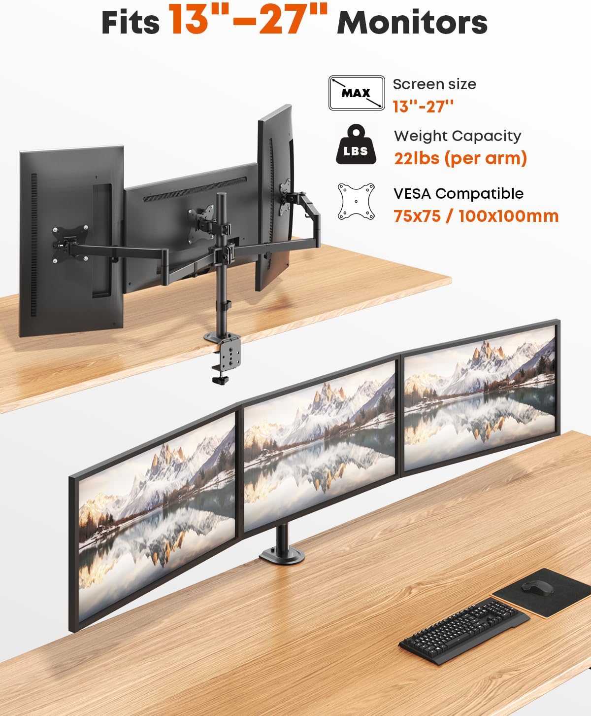 Triple Monitor Mount,Full Motion Arm Fits up to 27 inch