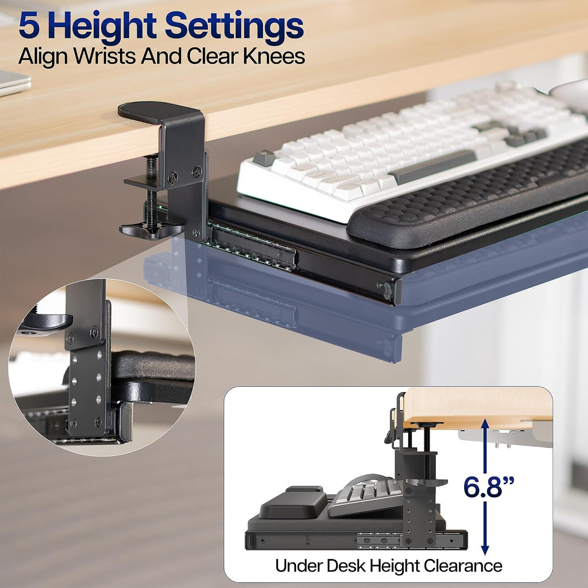 VIVO Black Clamp-on 23” to 30” x 11" Adjustable Keyboard Tray, Mount-KBST1