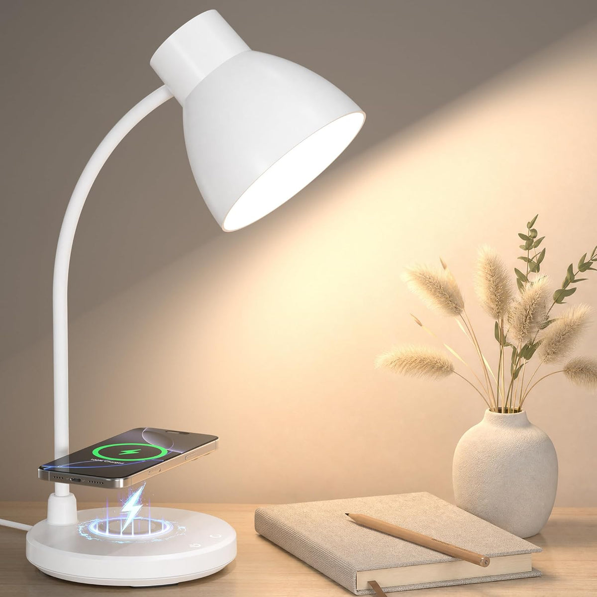 LED Desk Lamp for Home Office with Wireless Charger, White