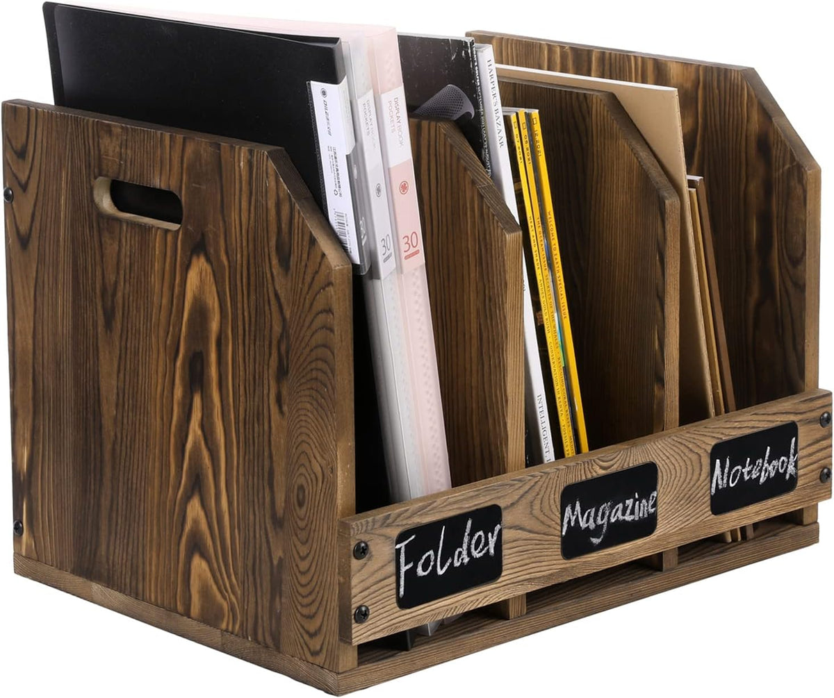 MyGift 3 Compartment File Folder Organizer Rustic Burnt Wood Desktop Rack