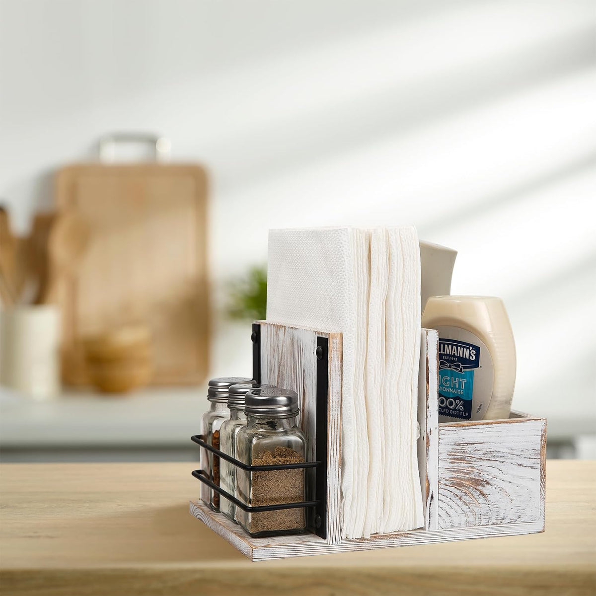 Rustic Whitewashed Wooden Kitchenware Organizer Napkin Utensil Spice Holders ...