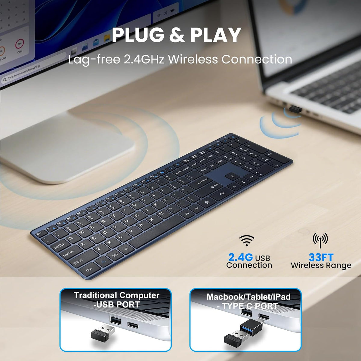 Wireless Keyboard-2.4G USB-A/Type-C Ultra Slim Quiet Full Size PC Computer Ke...
