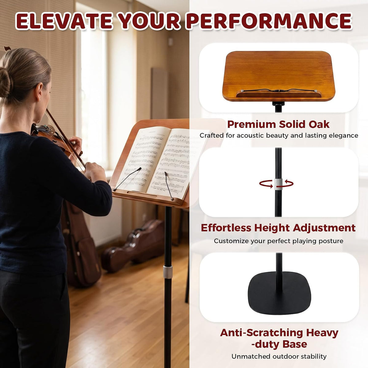 Music Stand for Sheet Music, Heavy Duty Stable Base, Black