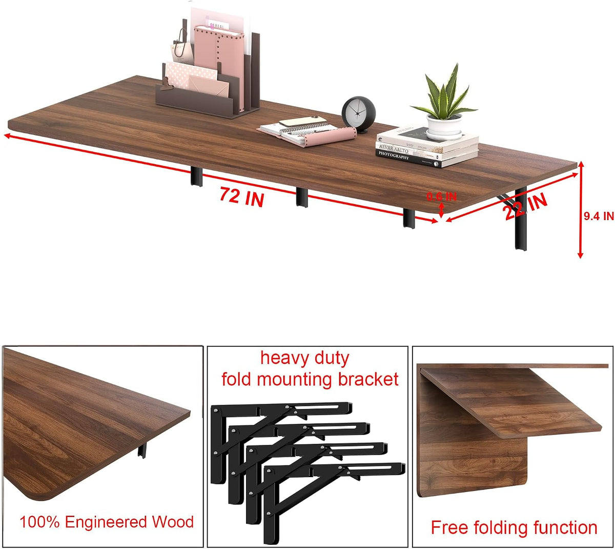 IAE 72x22in Floating Fold Desk,Wall-Mounted Folding Computer Table,Walnut