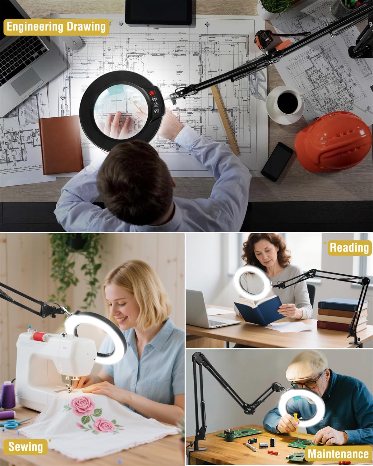 12X Magnifying Glass with Light and Clamp, Extra Long 3 Section Swing Arm