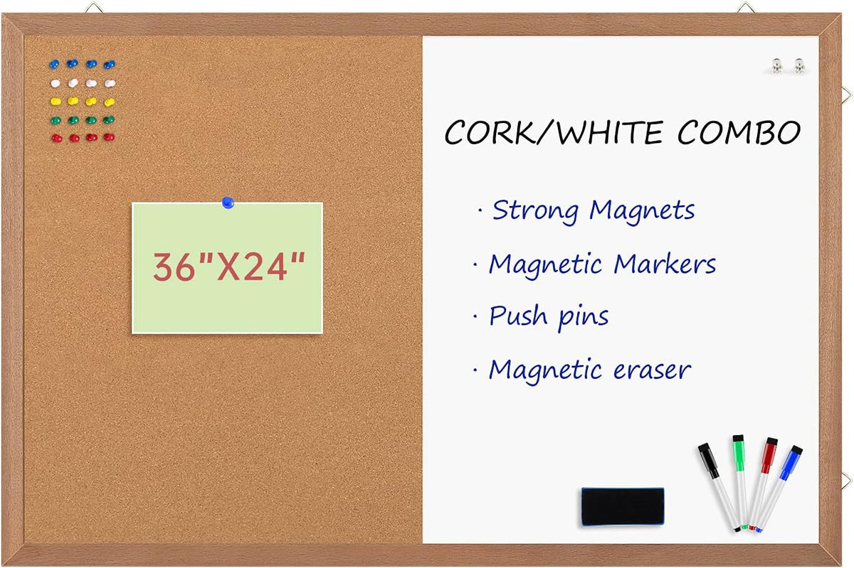Combination Magnetic Whiteboard Cork Bulletin Board, 36x24 Inches Combo Dry E...