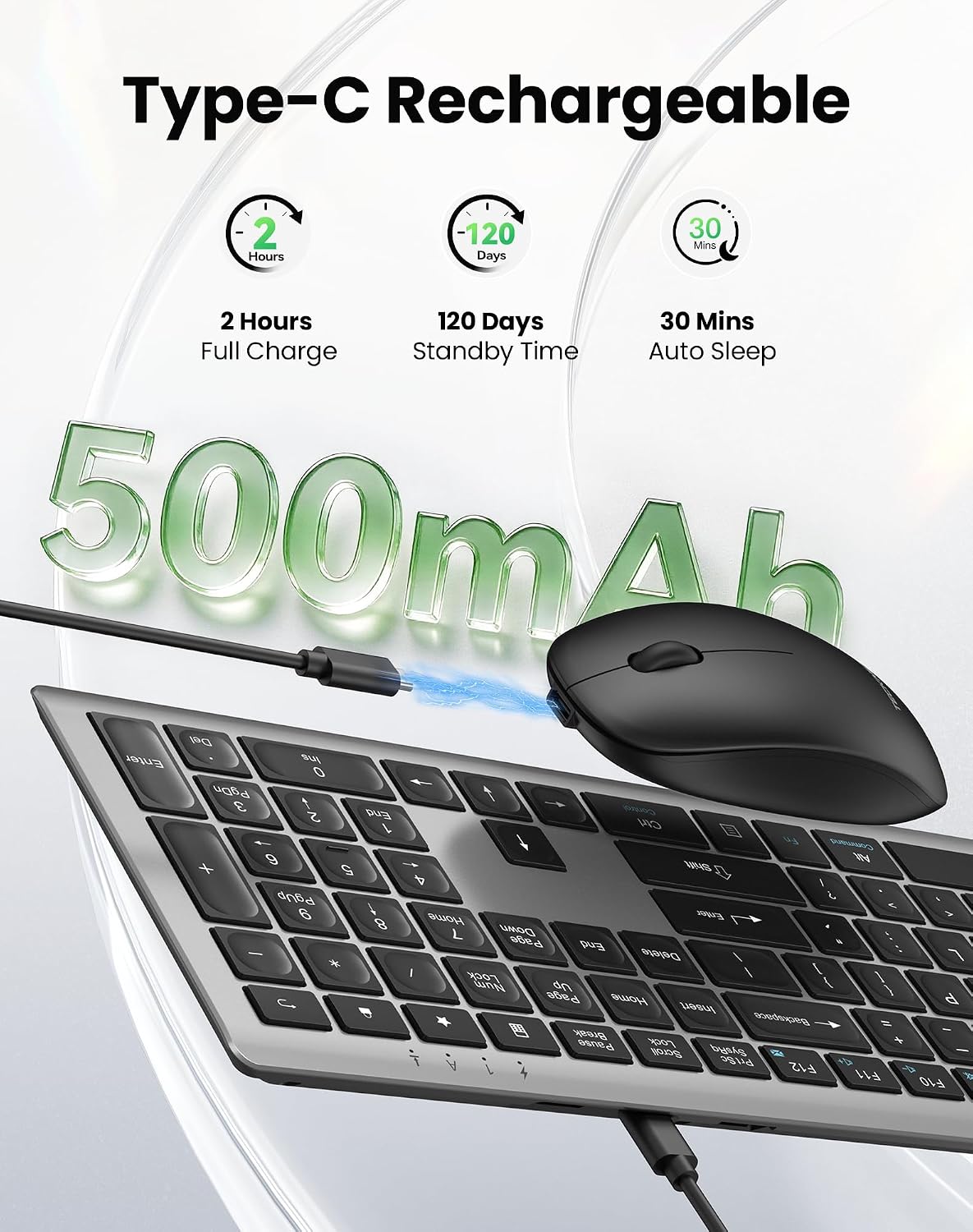 TECKNET 2.4G Rechargeable Ultra-Slim Wireless Keyboard and Mouse Combo