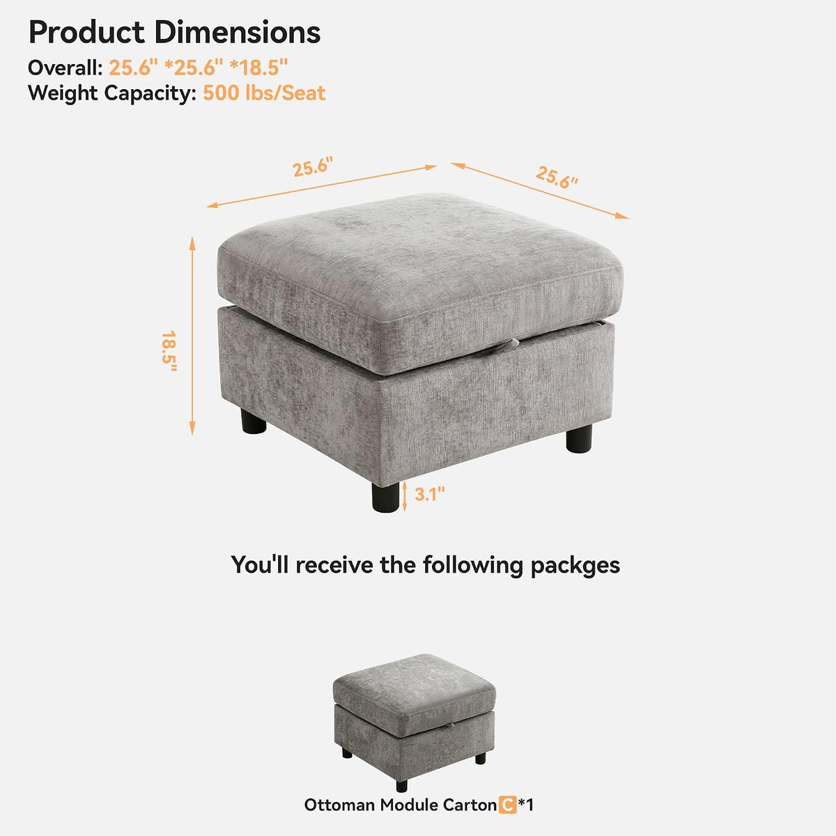 WUTUTUEE 25”Square Storage Ottoman Module for Modular Sectional Sofa, Living ...
