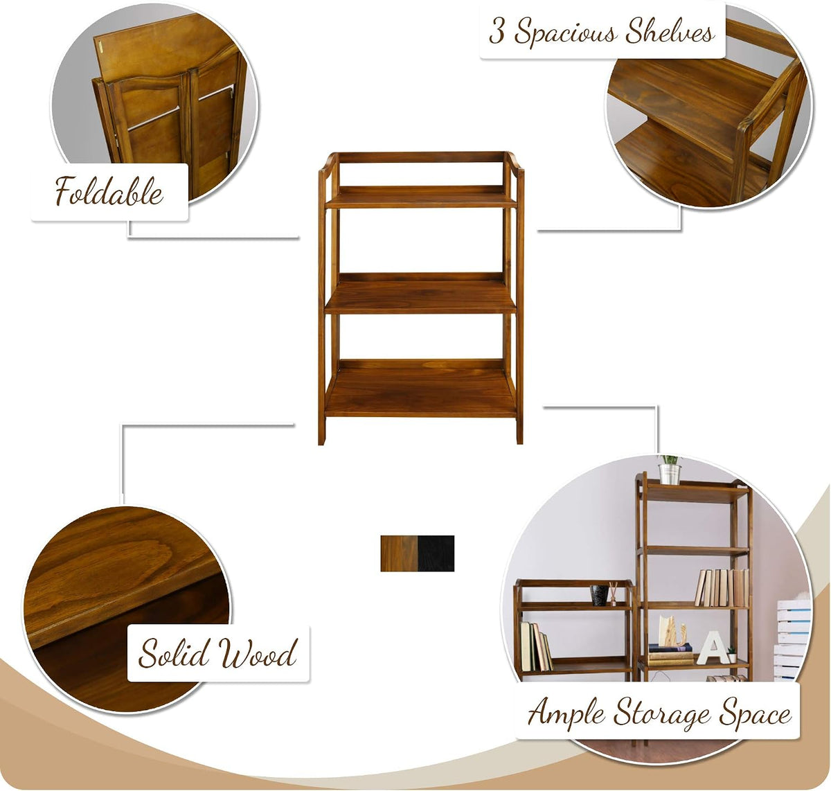 Casual Home Stratford 3-Shelf Folding Bookcase-Warm Brown