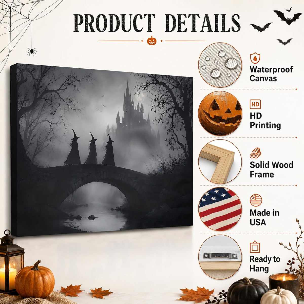 Framed Halloween Witch Canvas Wall Art, Black White Haunted Mansion Bridge Sc...