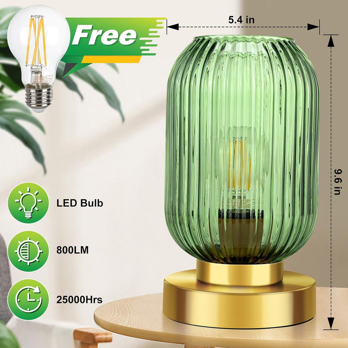 Mid Century Modern Gold Table Lamp with Ribbed Green Glass Shade