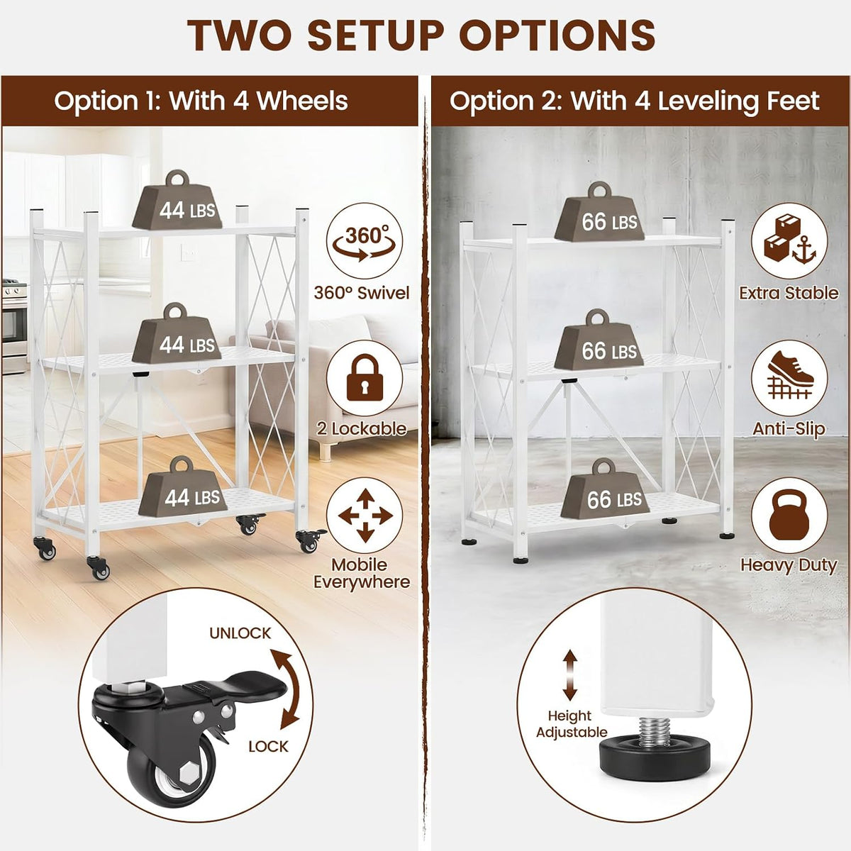 ALANNG 3 Tier Folding Shelf on Wheels, Heavy Duty Rolling Storage Cart