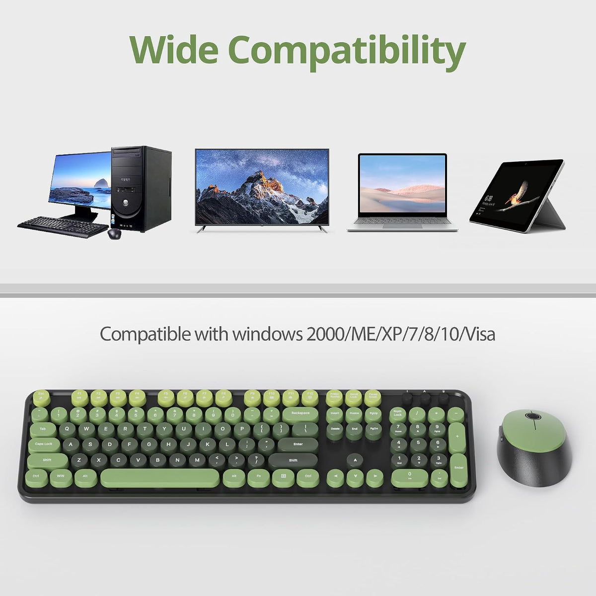 Green Wireless Keyboard and Mouse, Cute Keyboard and Mouse Combo, Full Size T...