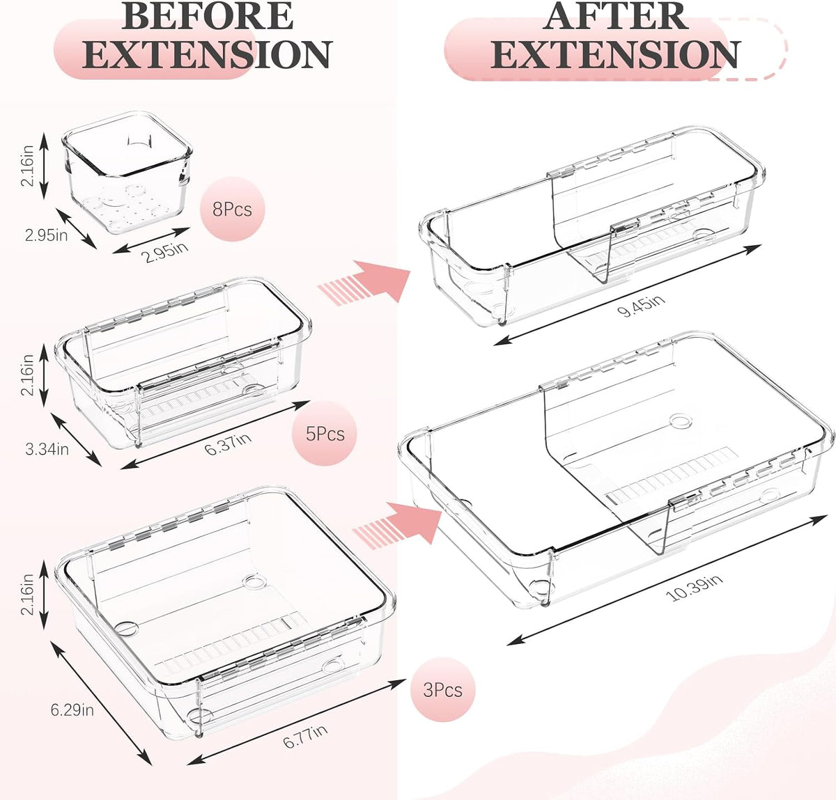 DILIBRA 16 Pcs Clear Extendable Drawer Organizer, Adjustable Drawer Storage
