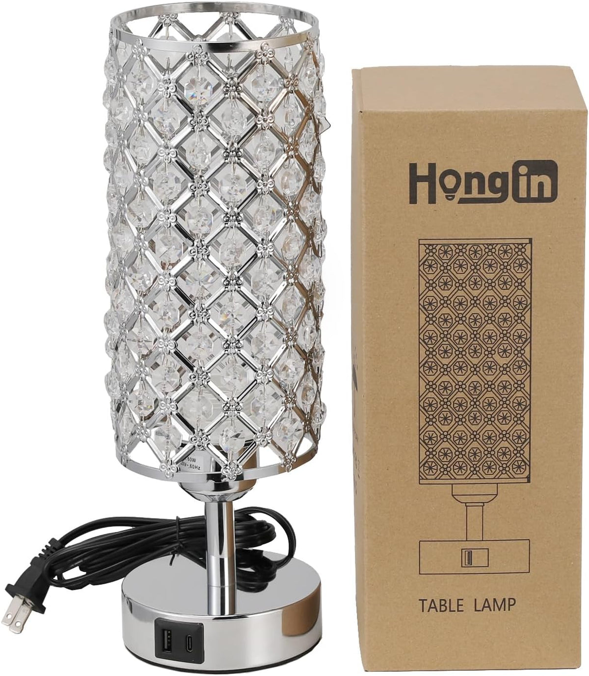 Sliver Crystal Table Lamp with Touch Control, Bedroom Light for Nightstand