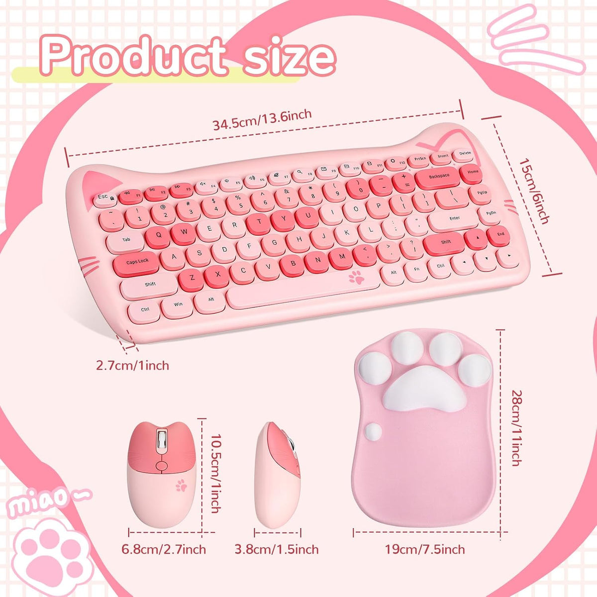 3 Pcs Cute Cat Keyboard and Mouse Combo, USB Wireless with Cat Paw Mouse Pad,...