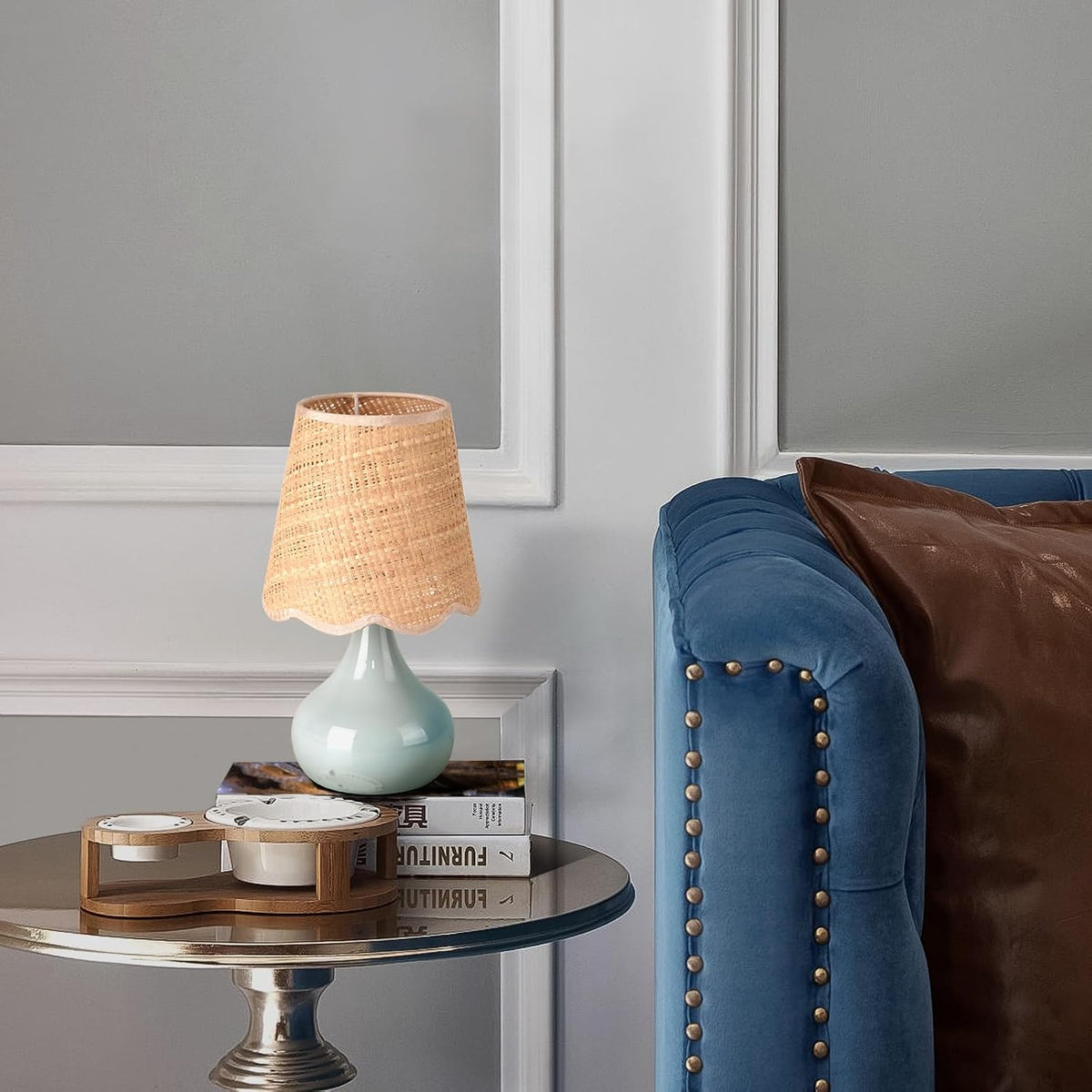 Light Blue Boho Small Table Lamp for Small Spaces, Small Rattan Shade Bedside...