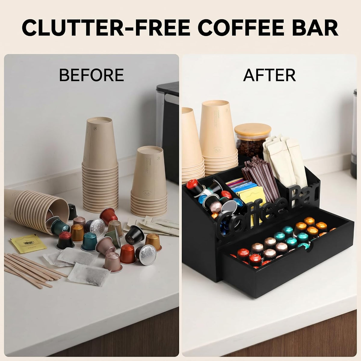 Coffee Bar Organizer Countertop, Wooden Coffee Station with Black Drawer