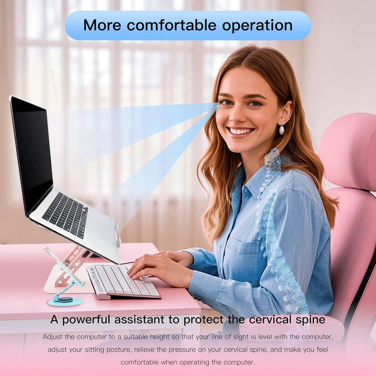 Pink Adjustable Laptop Stand with Phone Holder, Foldable Riser