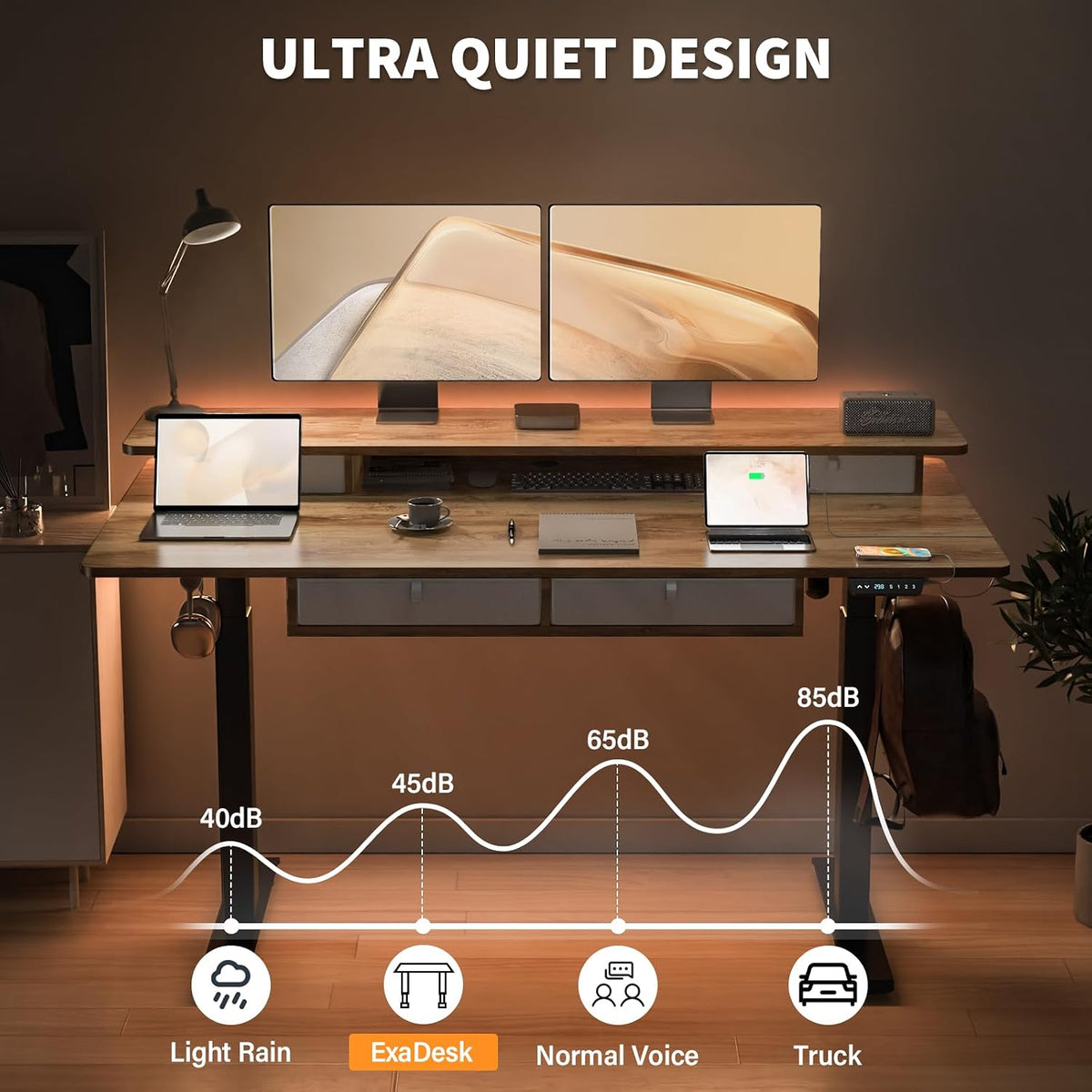 55 x 30 Inch Electric Standing Desk with 4 Drawers, Light Rustic
