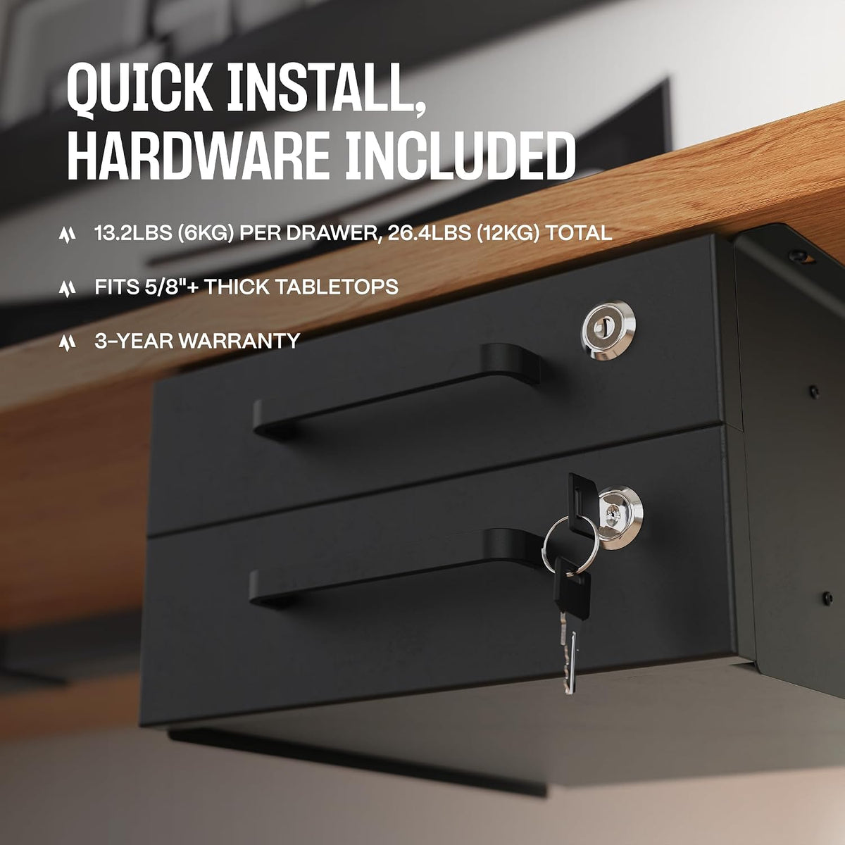 Under Desk Drawer Slide-Out – Lockable Metal Storage Drawers with Cable Manag...
