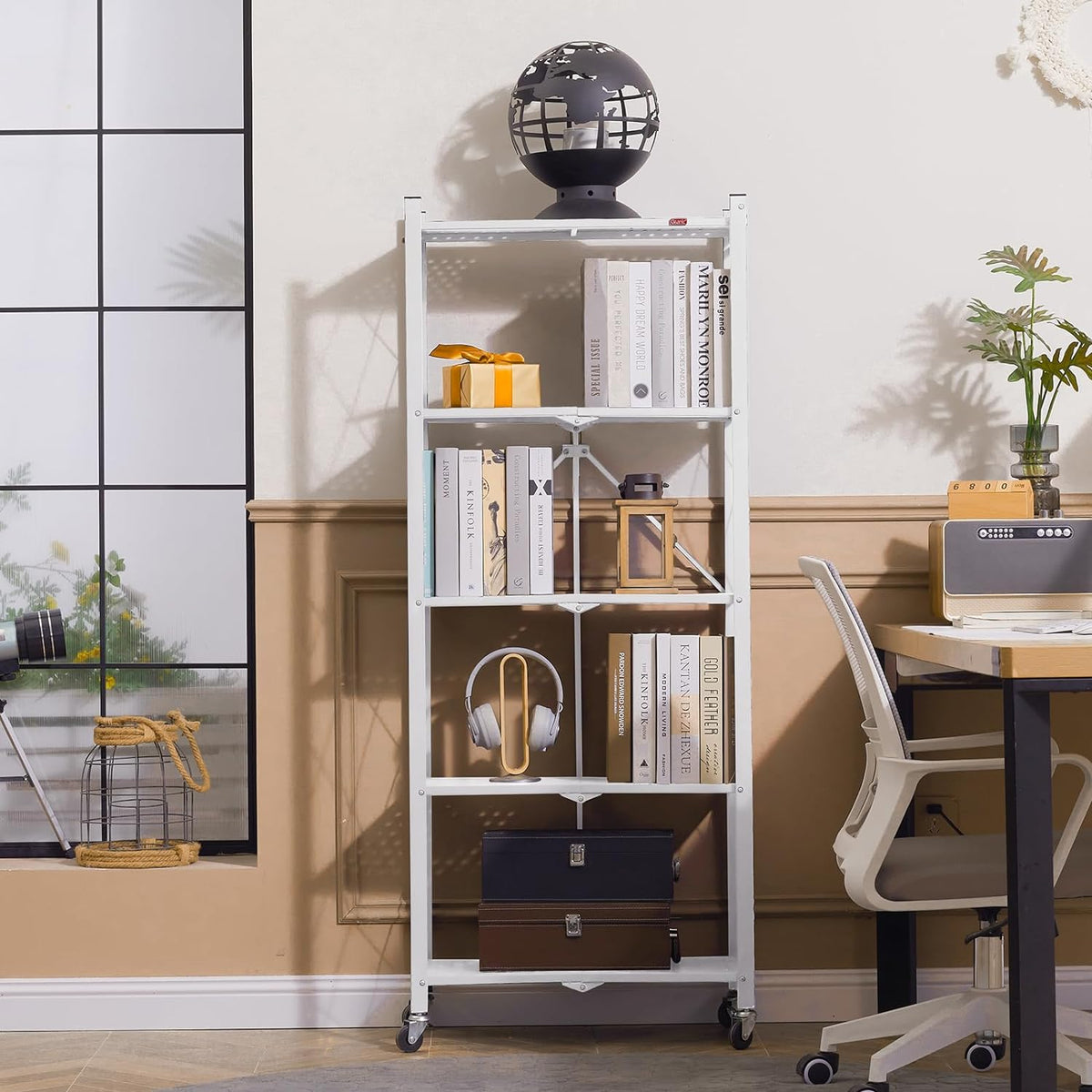 DEANIC 5-Shelf Folding Bookcase with Wheels, Rolling Bookshelf Heavy Duty Sto...
