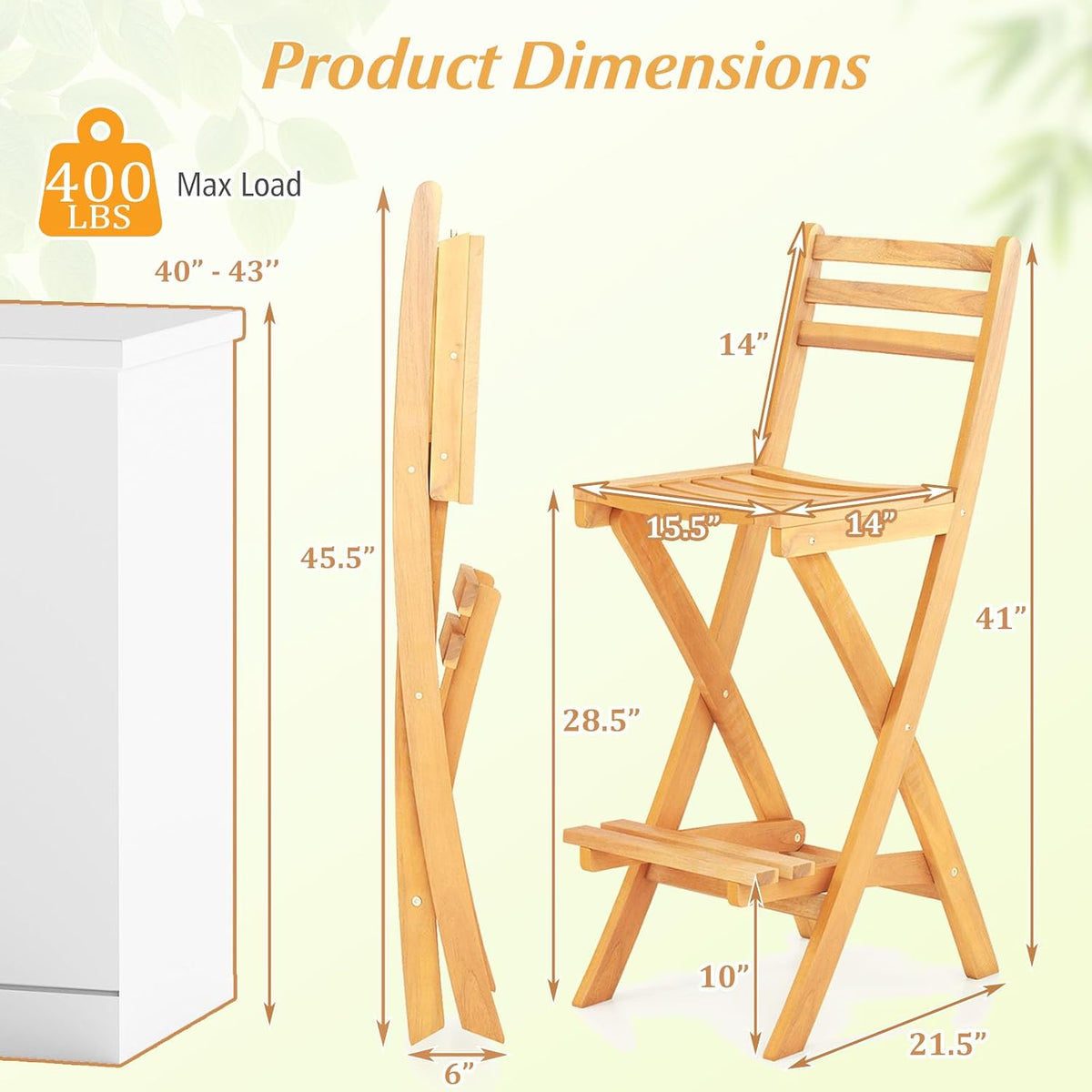 COSTWAY Outdoor Acacia Wood Folding Bar Stool with Slatted Backrest