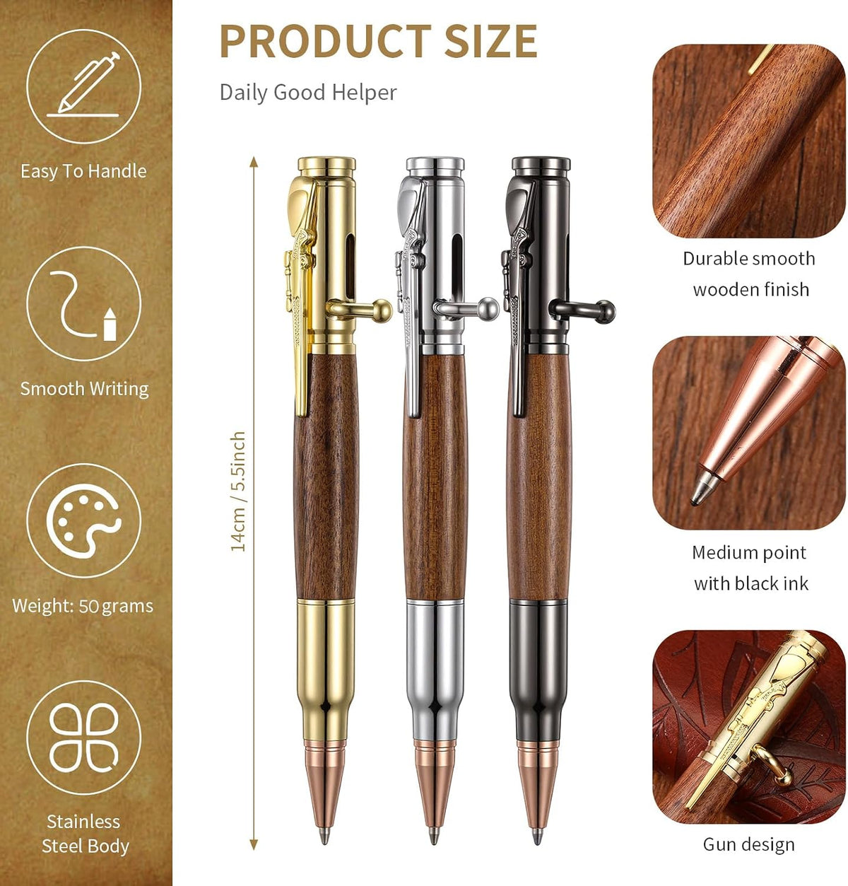 Crtiin 3 Sets Bolt Action Bullet Pens, Gift Boxed,Gold Silver Black